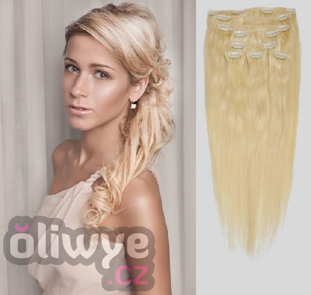 Vlasy clip in on remy #613 světlá blond 50cm 100g